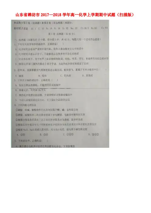 山东省潍坊市高一化学上学期期中试题(扫描版)(new)