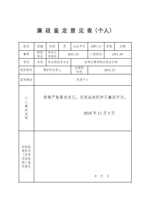 廉 政 鉴 定 意 见 表