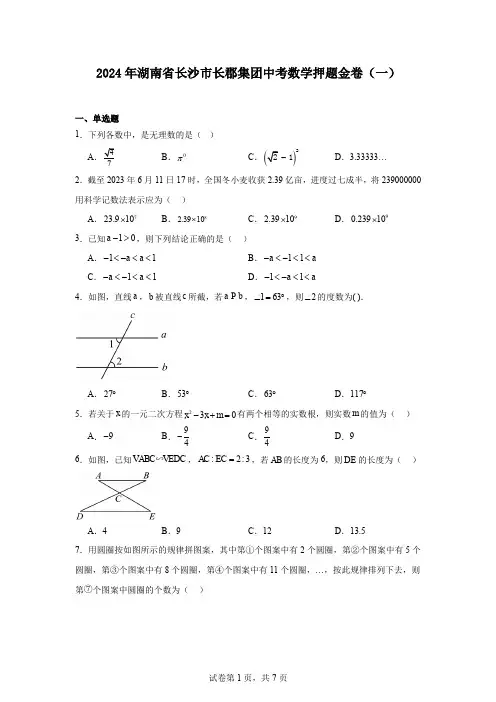 2024年湖南省长沙市长郡集团中考数学押题金卷(一)