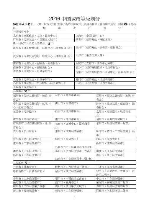 2016中国城市等级划分