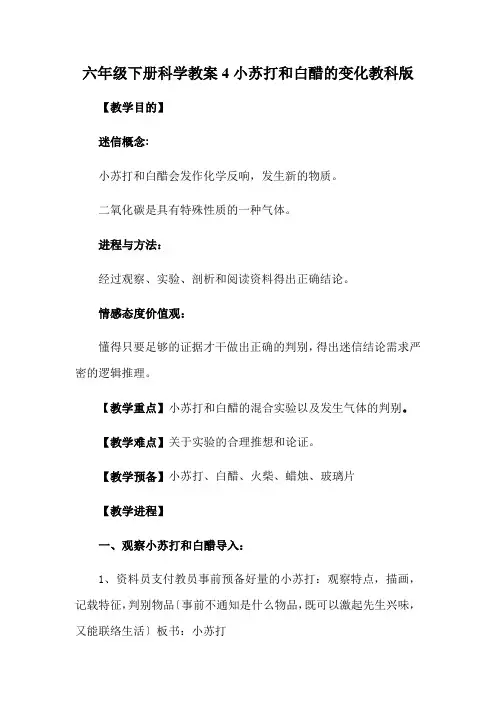 六年级下册科学教案4小苏打和白醋的变化教科版