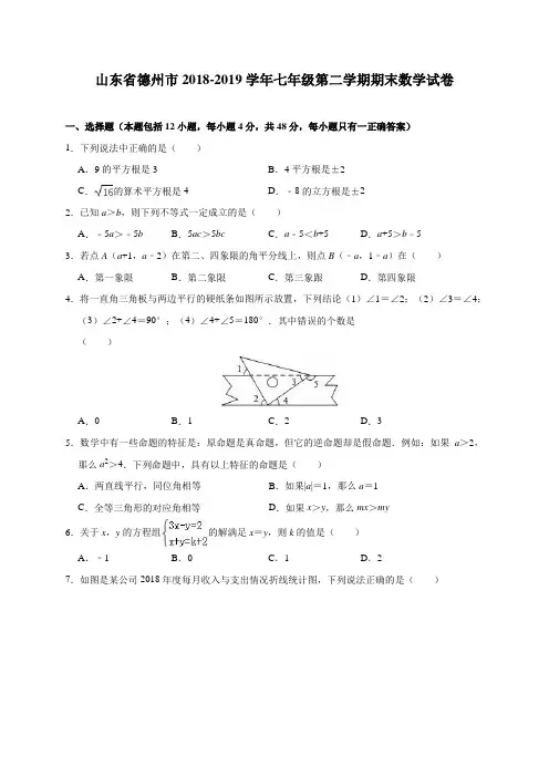 山东省德州市2018-2019学年七年级(下)期末数学试卷(含解析)