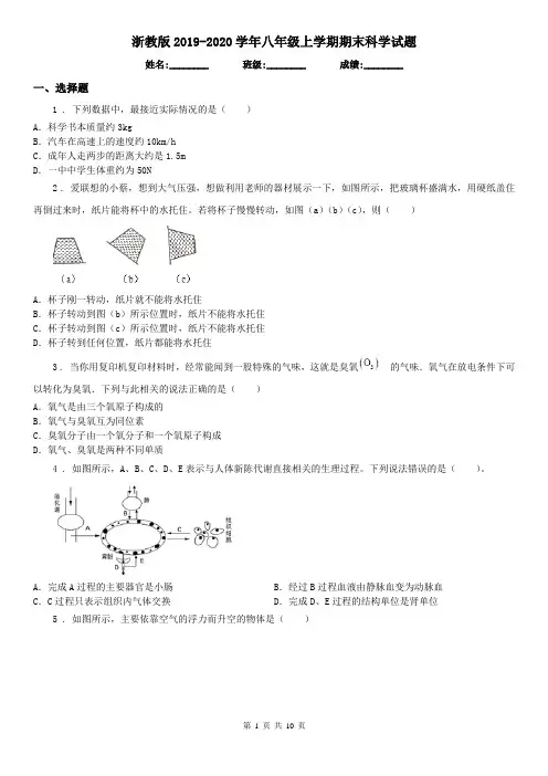 浙教版2019-2020学年八年级上学期期末科学试题