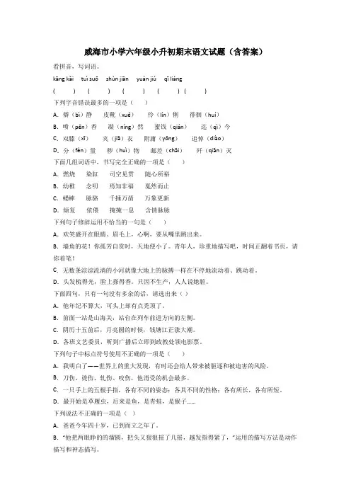 威海市小学六年级小升初期末语文试题(含答案)