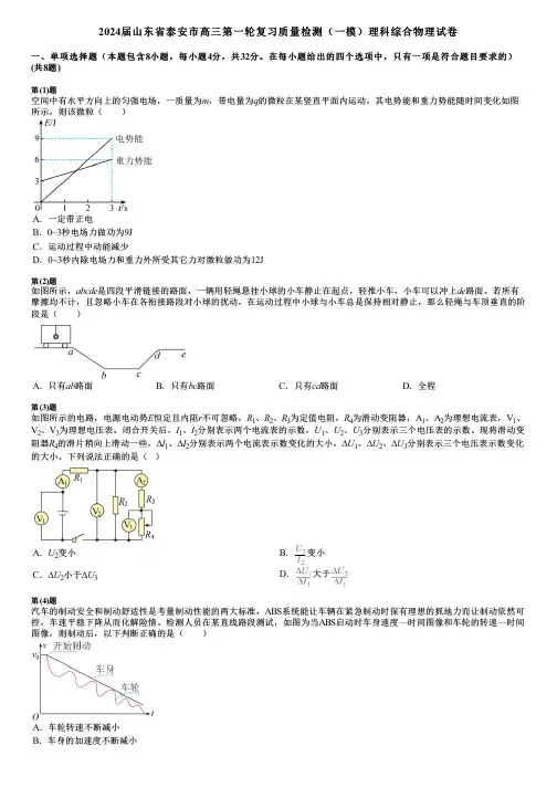 2024届山东省泰安市高三第一轮复习质量检测(一模)理科综合物理试卷