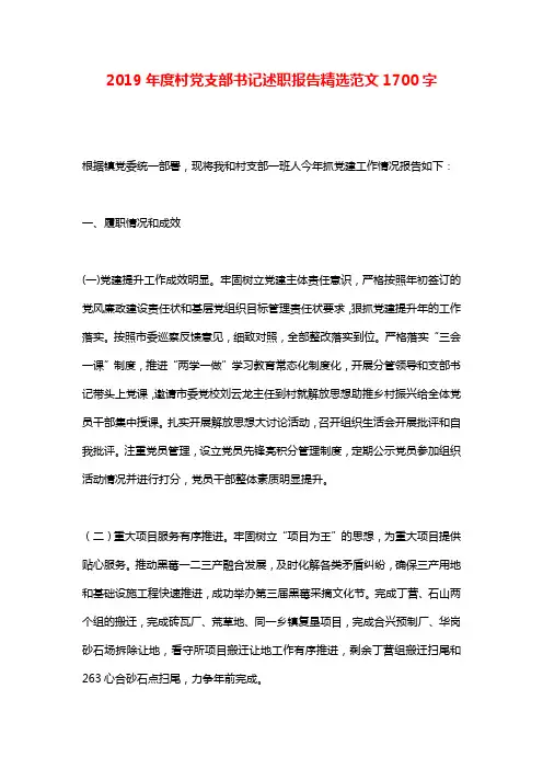 2019年度村党支部书记述职报告精选范文1700字