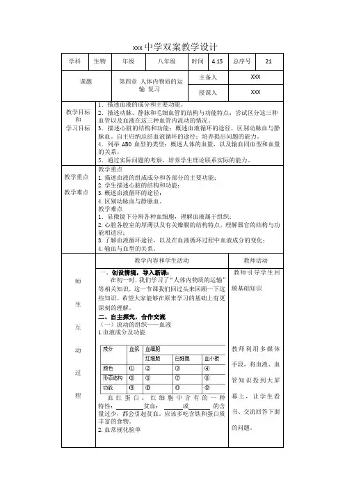 第四章 人体内物质的运输 复习教案