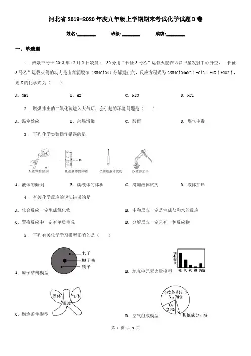 河北省2019-2020年度九年级上学期期末考试化学试题D卷
