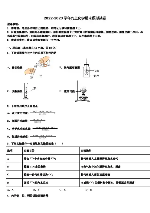 2022-2023学年湖北省武汉市化学九年级第一学期期末综合测试试题含解析