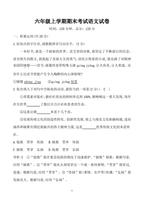 六年级上学期期末考试语文试卷含答案解析