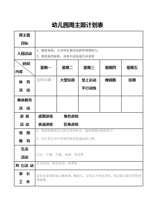 幼儿园周主题计划表、作息时间表(一餐两点)