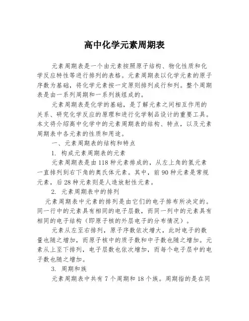 高中化学元素周期表