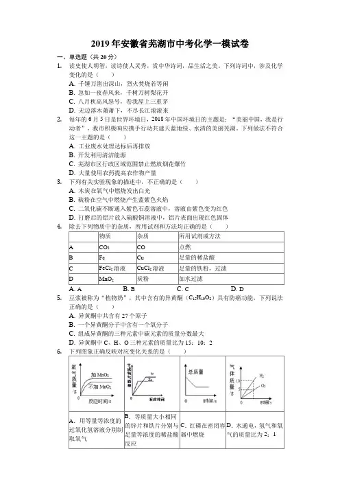 (2019年)安徽省芜湖市中考化学一模试卷(含答案解析)