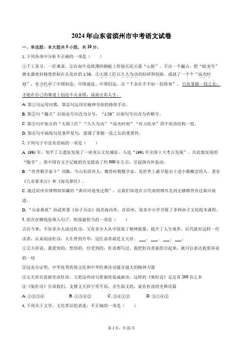 2024年山东省滨州市中考语文试卷(含详细答案解析)