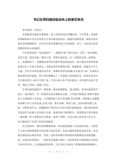 书记在项目建设促动会上的表态发言