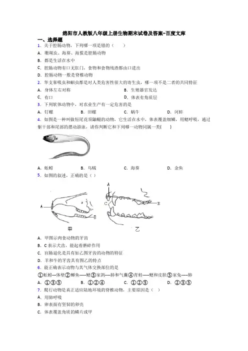 绵阳市人教版八年级上册生物期末试卷及答案-百度文库