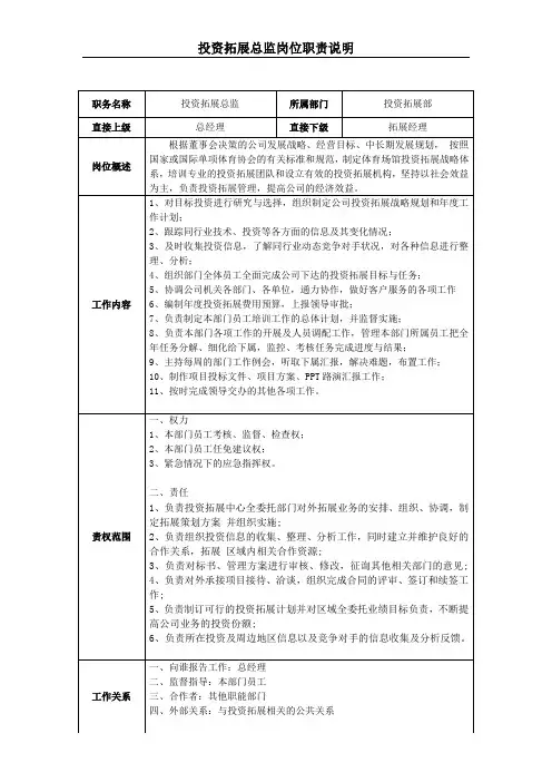 投资拓展部总监-岗位职责说明书