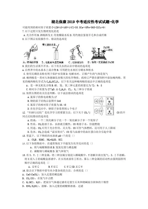 湖北保康2019中考适应性考试试题-化学