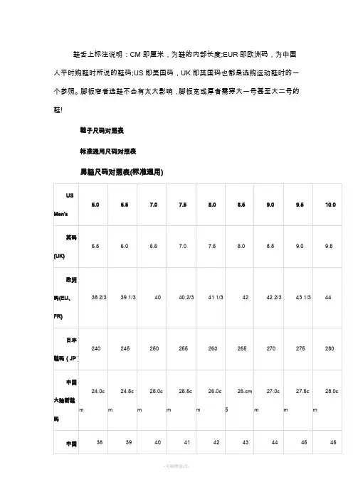 国际鞋尺码对照表
