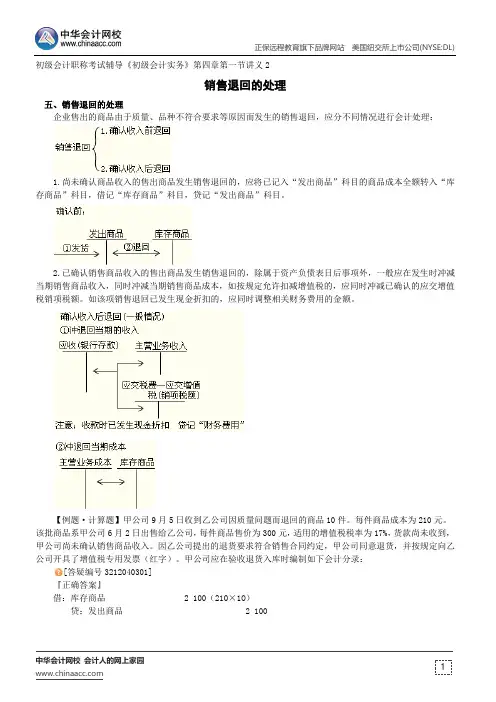 销售退回的处理--初级会计职称考试辅导《初级会计实务》第四章第一节讲义2