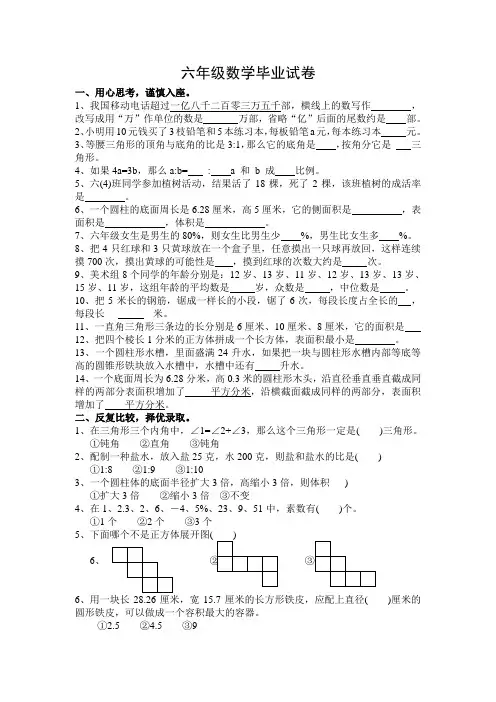 苏教版六年级下册数学毕业试卷(最新修订)