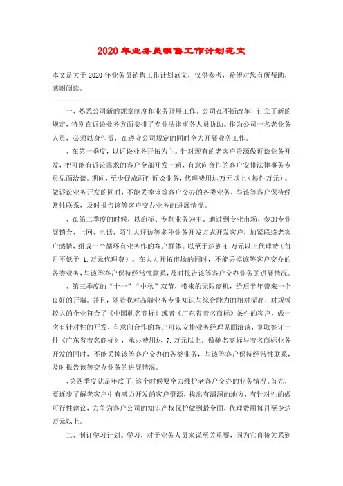 2020年业务员销售工作计划范文
