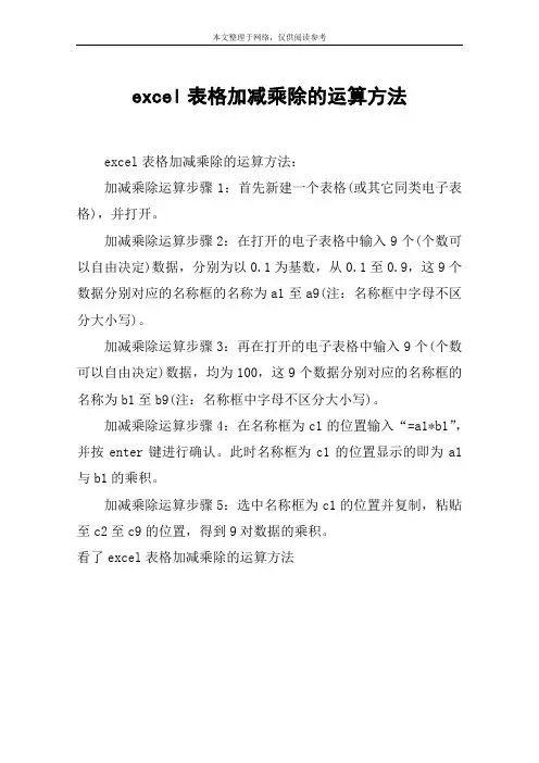 excel表格加减乘除的运算方法