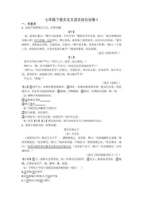 七年级下册文言文语文综合试卷1