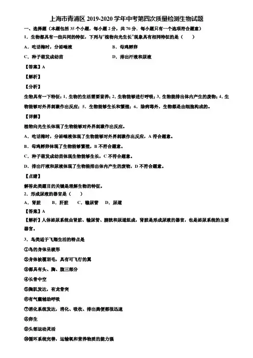 上海市青浦区2019-2020学年中考第四次质量检测生物试题含解析
