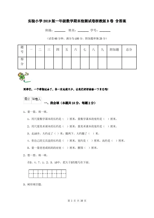 实验小学2019版一年级数学期末检测试卷浙教版B卷 含答案