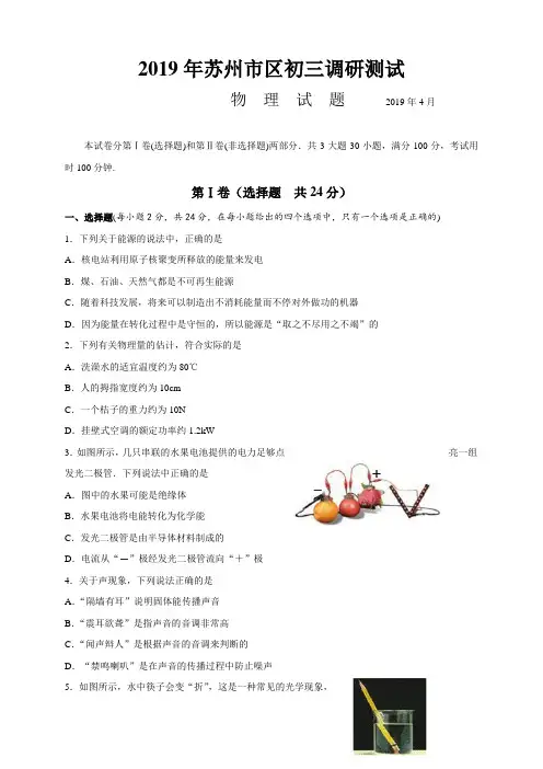2019年苏州市区初三物理一模调研测试卷及答案