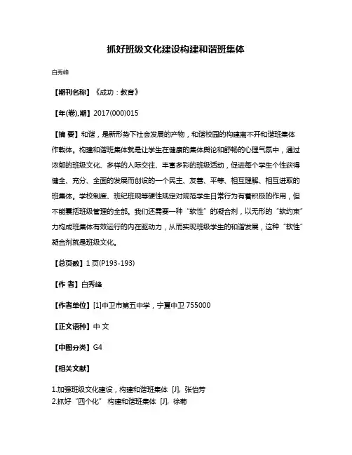 抓好班级文化建设    构建和谐班集体
