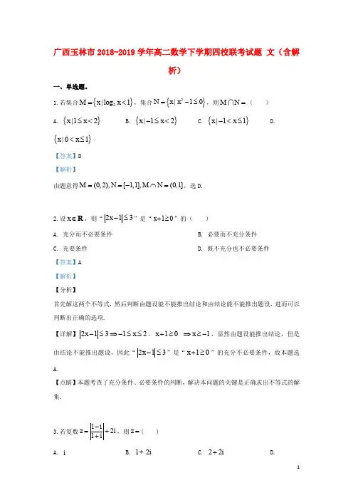 广西玉林市2018_2019学年高二数学下学期四校联考试题文(含解析)