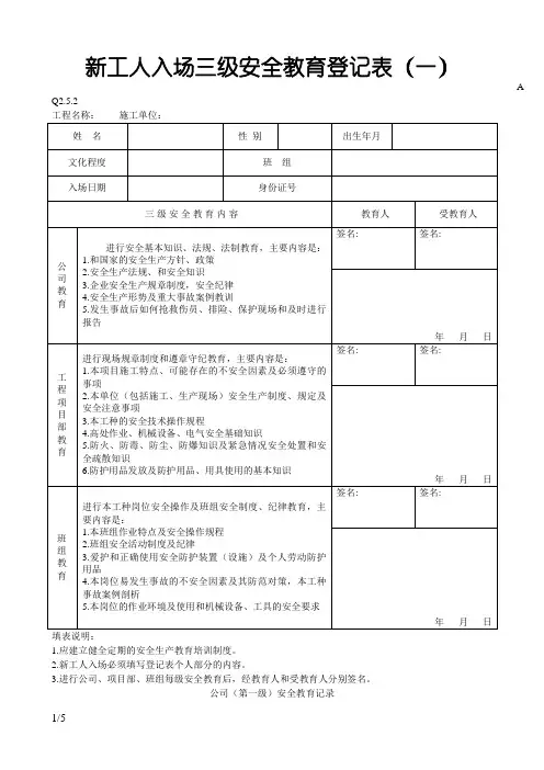 新工人入场三级安全教育表(含教育内容记录)