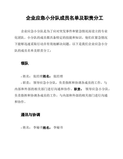 企业应急小分队成员名单及职责分工