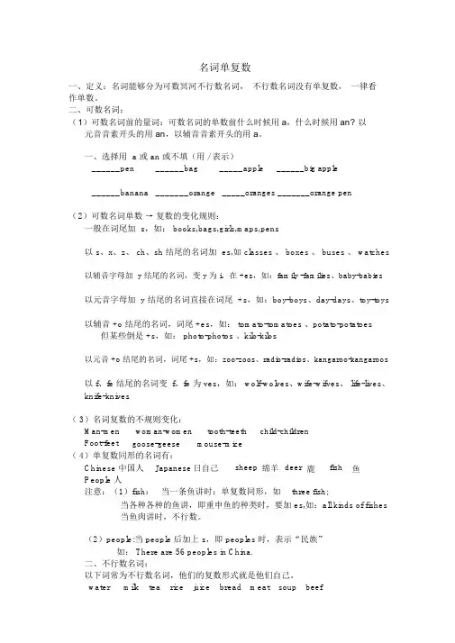 六年级英语语法知识点名词单复数