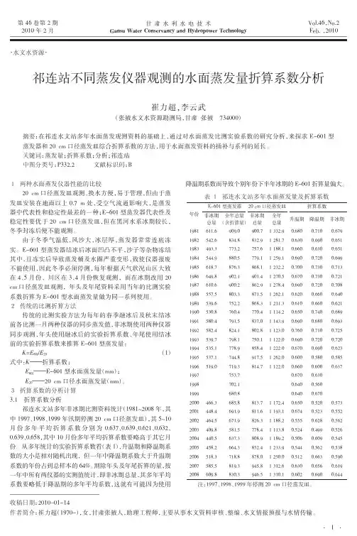 祁连站不同蒸发仪器观测的水面蒸发量折算系数分析