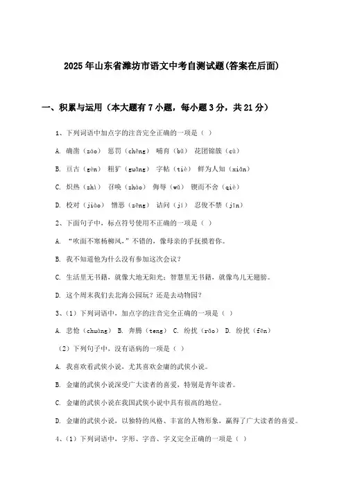 山东省潍坊市语文中考试题与参考答案(2025年)