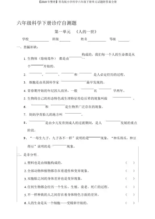 【2019年整理】青岛版小学科学六年级下册单元试题附答案全册