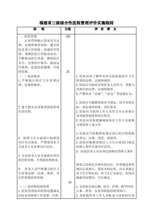 福建省三级综合性医院管理评价实施细则