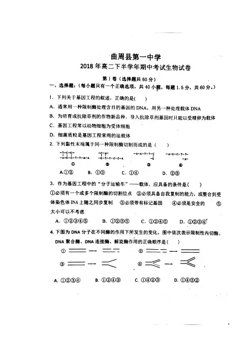河北省曲周县第一中学2017-2018学年高二下学期期中考试生物试题(图片版)