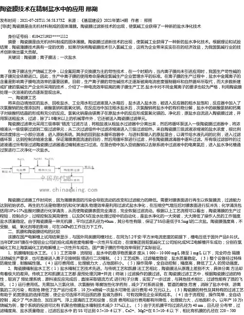 陶瓷膜技术在精制盐水中的应用邢朔