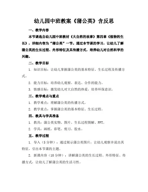 幼儿园中班教案《蒲公英》含反思