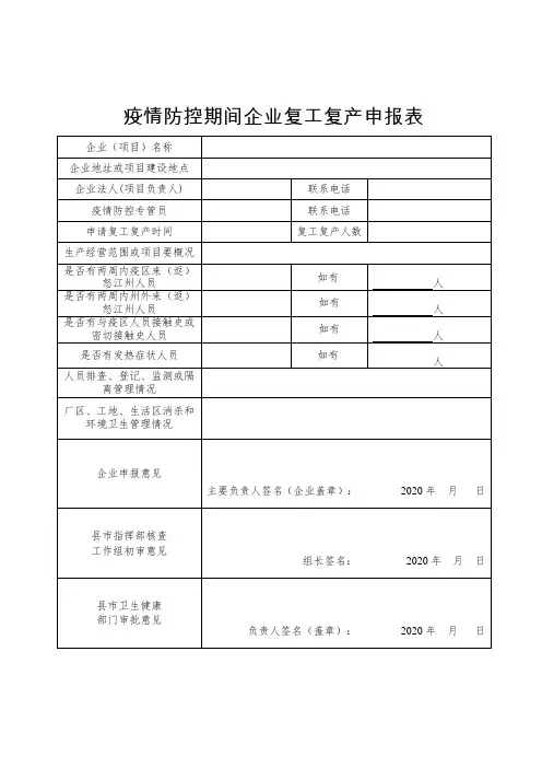 疫情防控期间企业复工复产申报表