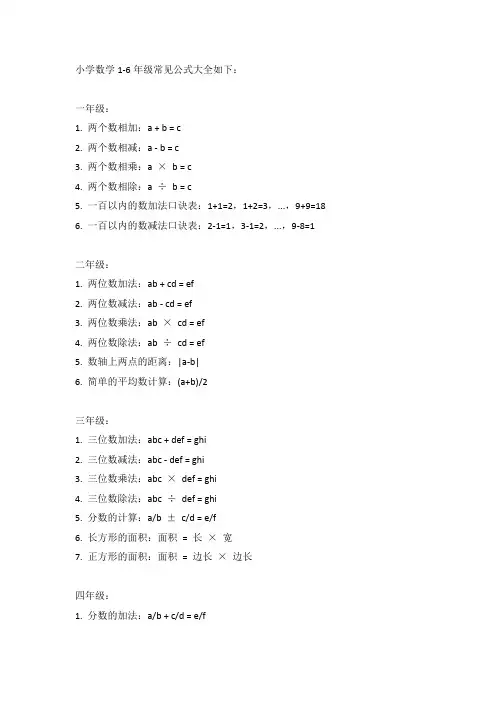 小学数学1-6年级公式大全(打印版)