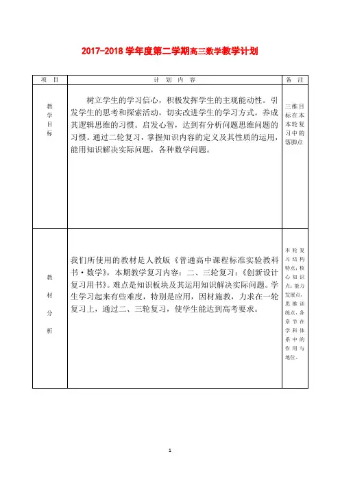 2017-2018学年度第二学期高三数学教学计划