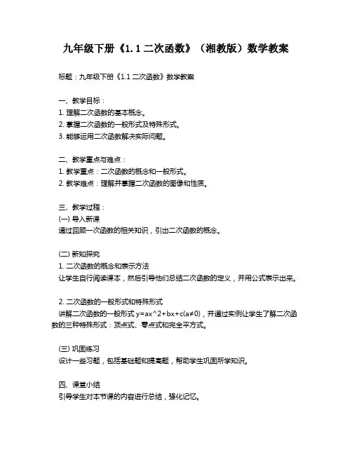 九年级下册《1.1二次函数》(湘教版)数学教案