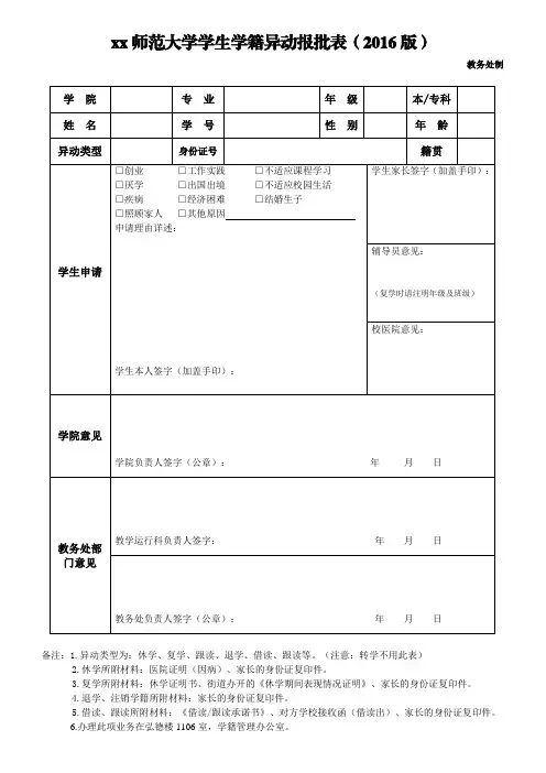 xx师范大学学生学籍异动报批表(2016版)