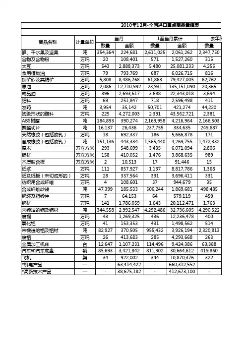 2010年12月-全国进口重点商品量值表