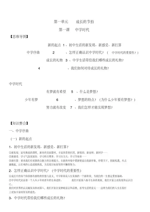七年级道德与法治上册知识点及框架结构归纳整理